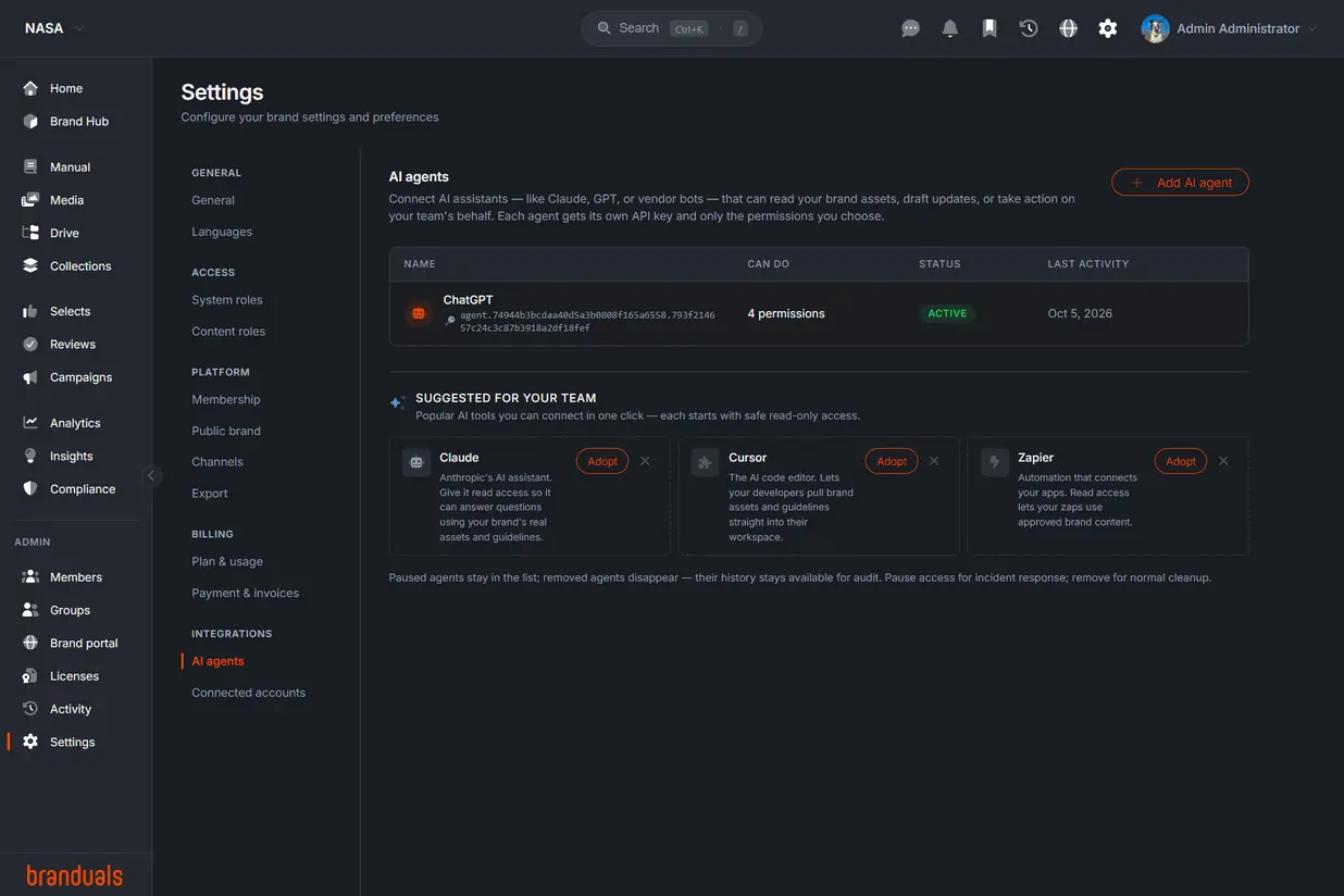 Settings → AI agents of the NASA demo brand: the settings menu, the agents list with ChatGPT active on four permissions, and the three agents suggested for the team — Claude, Cursor and Zapier, each with its Adopt door