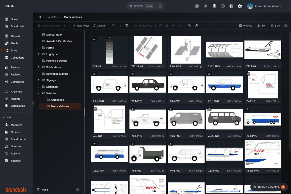 Drive of the NASA demo brand: the module list, the folder tree with Vehicles open and Motor Vehicles chosen, and the folder's vehicle drawings in a grid
