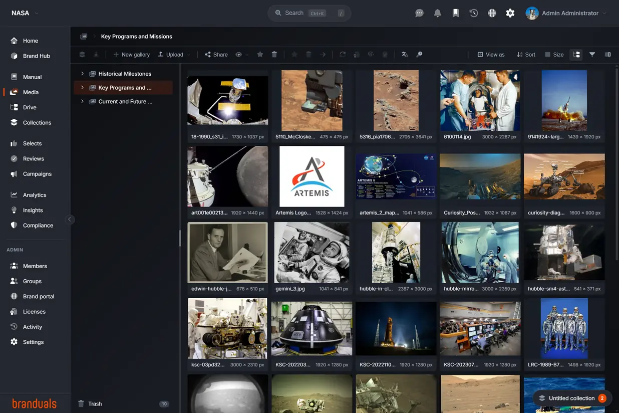 Media of the NASA demo brand: the module list, the gallery tree with Key Programs and Missions chosen, and the gallery's photographs in a grid